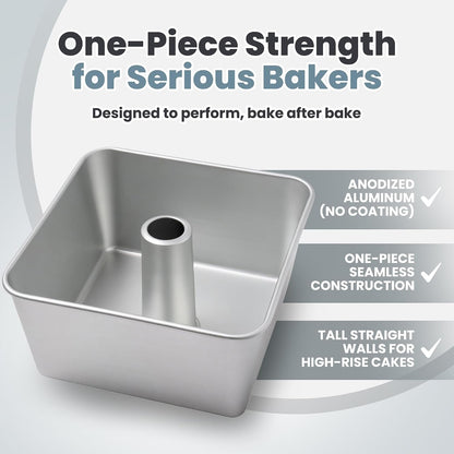 One-Piece Square Tube Cake Pan, 18 Cup, Anodized Aluminum, 9 x 9 x 4.5 in, Seamless Design, Easy Release, Even Heat, for Angel Food, Chiffon, Sponge, Mile High & Pound Cakes