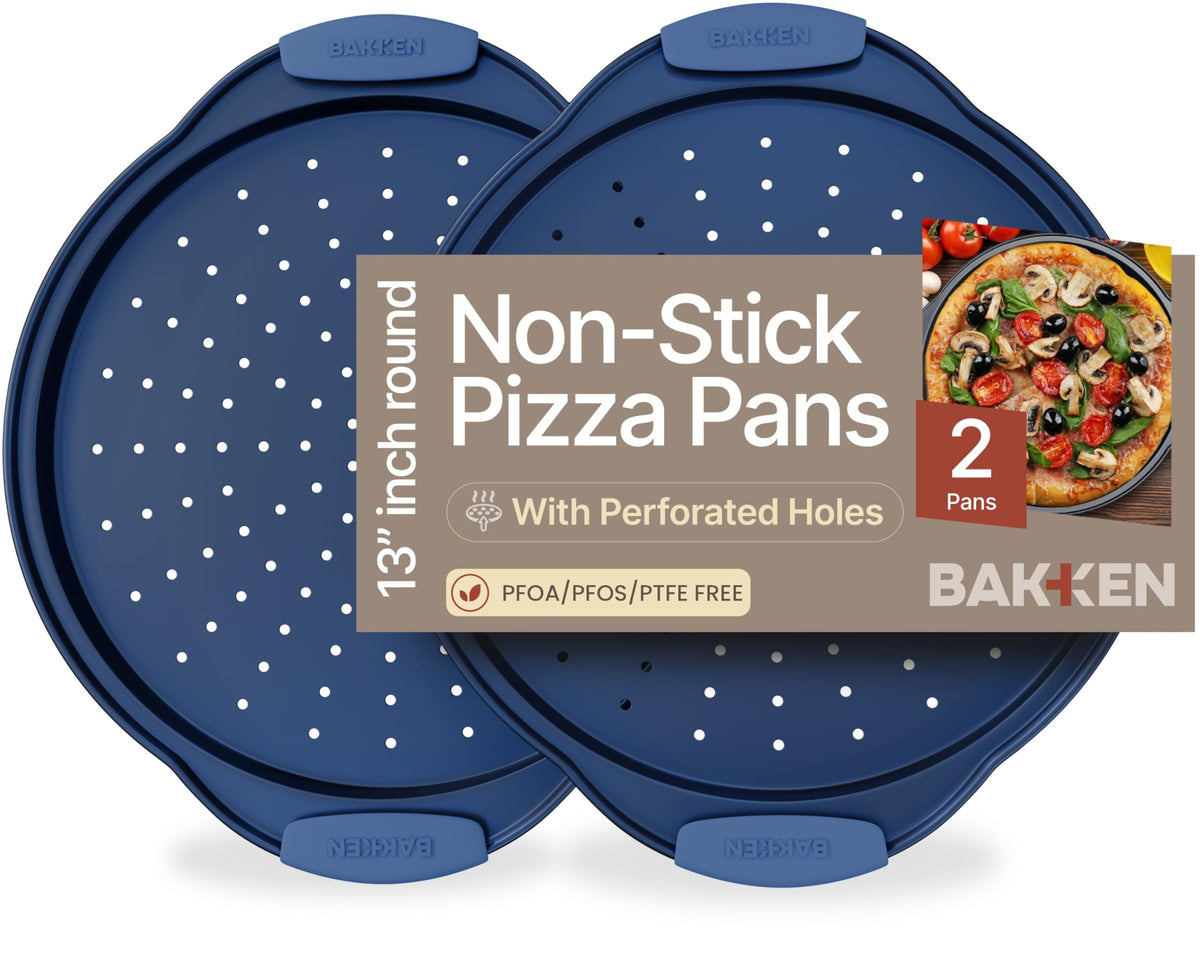 Bakken Pizza Baking Pan - Round Perforated Carbon Steel Pan with Non-Stick Marble Coating, Oversized Silicone Handle, Dishwasher Safe, High-Temperature Resistant, Durable & Easy Cleanup Gray, 1 Pack