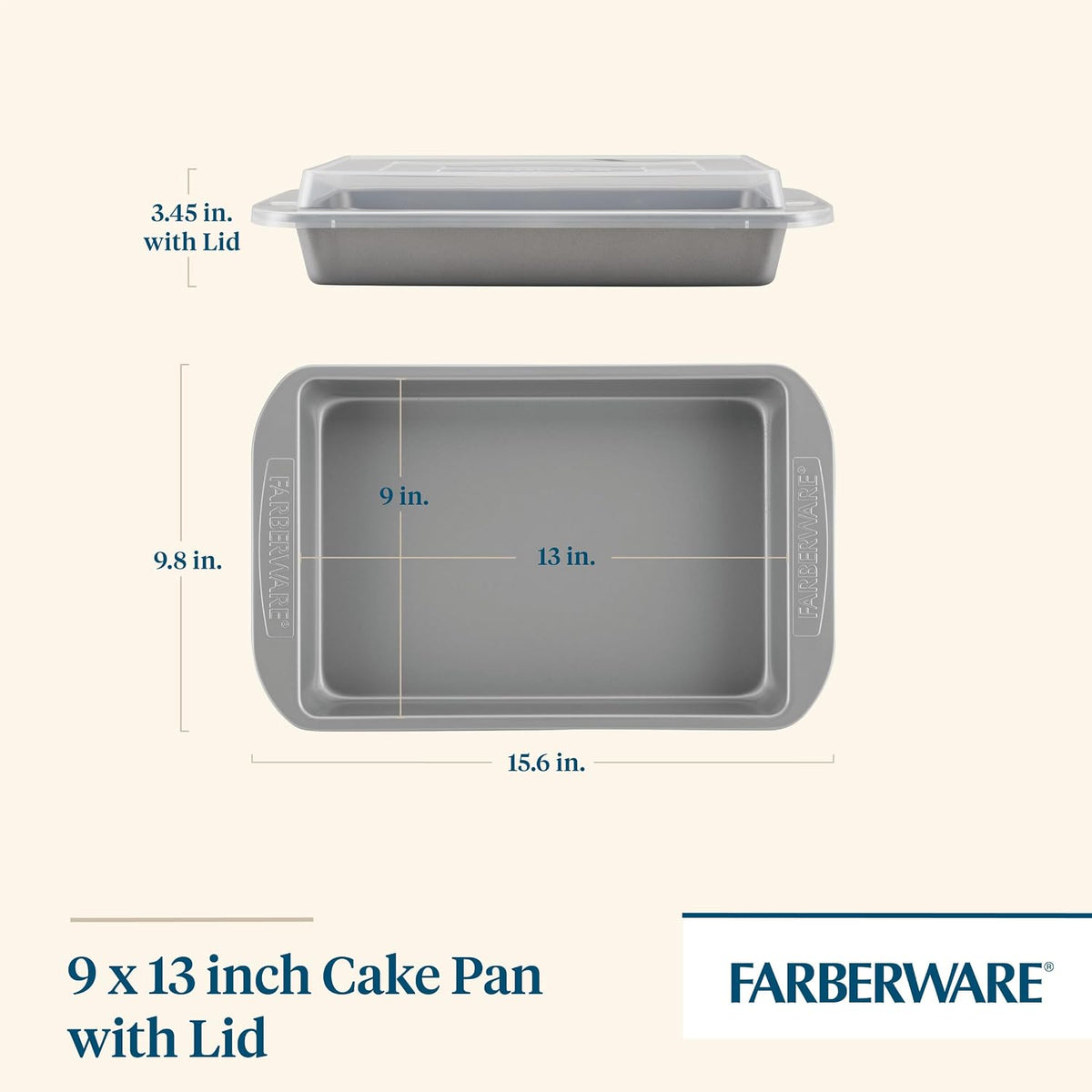 Farberware Nonstick Bakeware Rectangular Cake Pan with Lid for Baking, Gray