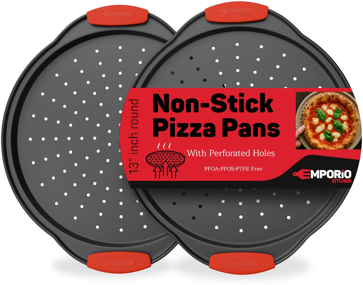 Non-Stick Pizza Pan with Silicone Handle 1 Pack, 13 Inch Round Carbon Steel Tray with Perforated Holes, Dishwasher & Oven Safe Up To 450°F, PFOAPFOSPTFE Free, Durable Nonstick Gray Marble Coating