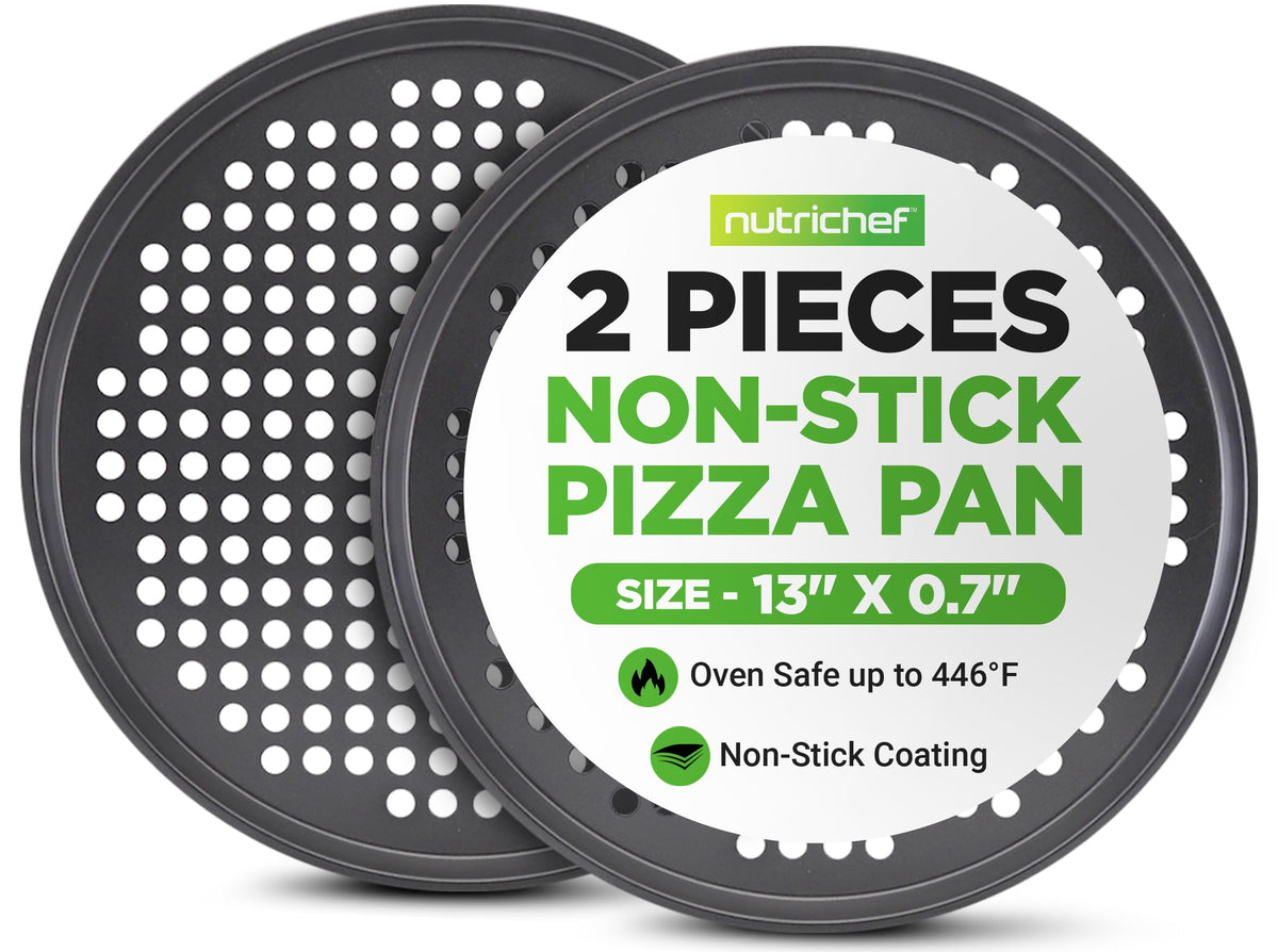 NutriChef 12.8 Inch Nonstick Pizza Pan for Oven - Carbon Steel Pizza Baking Tray with Airflow Holes - Premium Bakeware for Fresh & Frozen Pizza, Dishwasher Safe - Gray