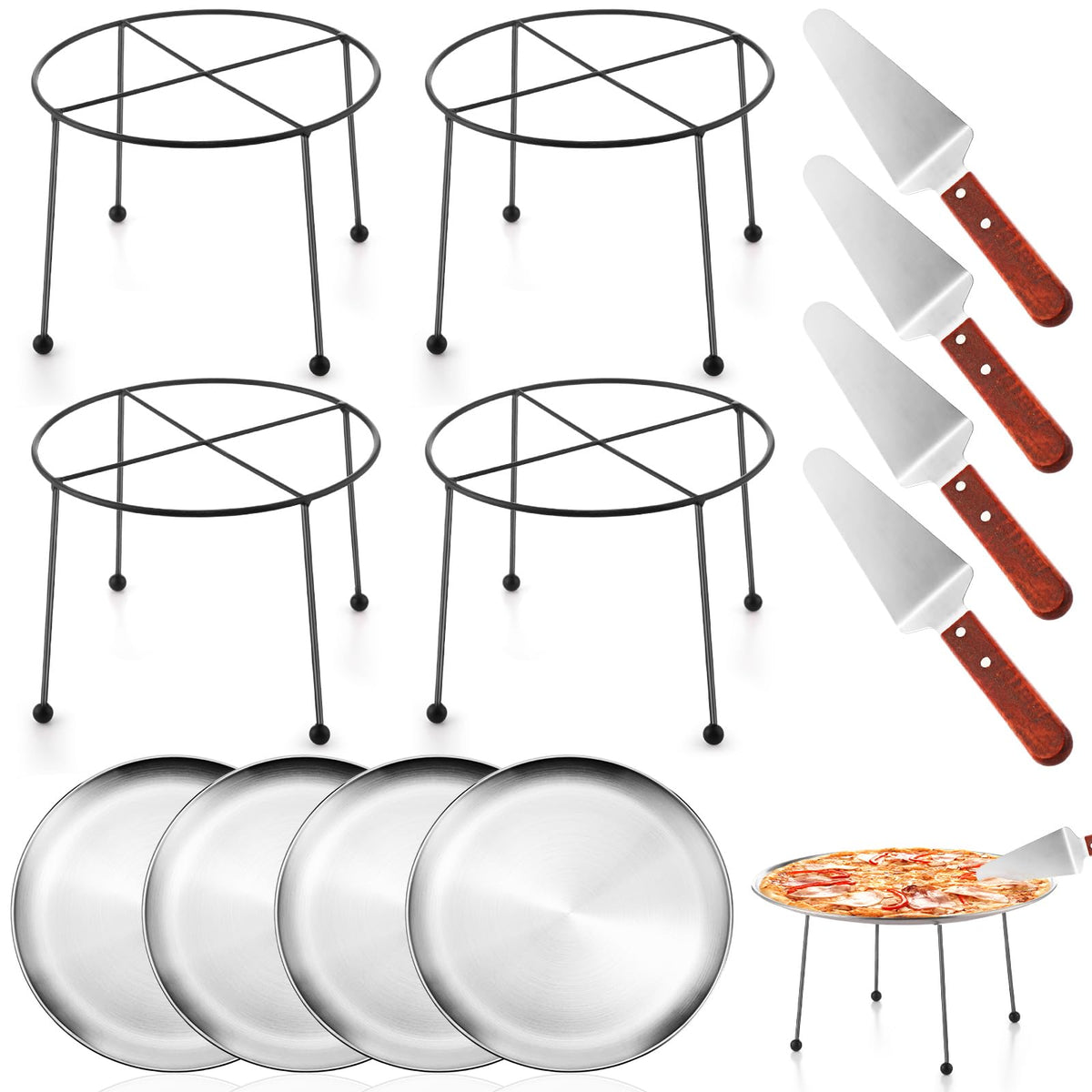 12 Pcs Pizza Pan Riser Stands Tray Set,Silver,Round