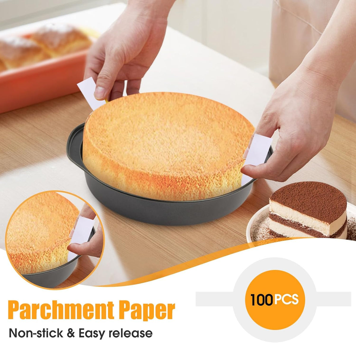 8" Round Cake Pan, 3PCS Nonstick Cake Pans with 100 PCS Parchment Paper, Carbon Steel Cake Baking Pans with Handle, Dishwasher Safe