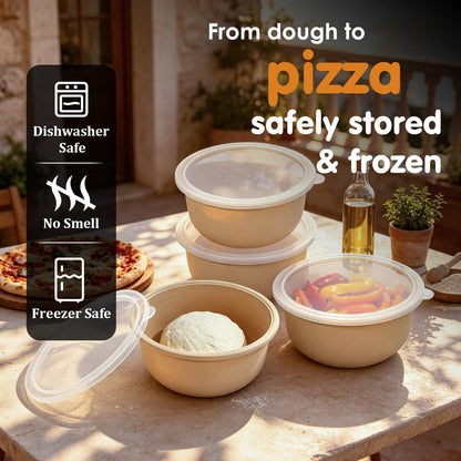 4Pcs Stackable Silicone Pizza Dough Proofing Containers with Lids,Pizza Dough Proofing Box | Make 12" Pizzas 700ml(4Pcs Beige)