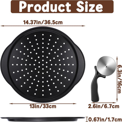 Kifmurase 2 Pack Pizza Pan for Oven, 13 Inch Round Pizza Pans with Holes, Non-Stick Carbon Steel Pizza Baking Pan with Silicone Handle, Perforated Pizza Pan with Pizza Cutter, Oven & Dishwasher Safe