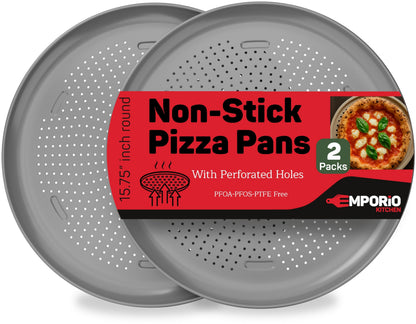 Emporio Kitchen Non-Stick Pizza Pan 1 Pack – 16 Inch Round Carbon Steel Pizza Tray with Perforated Holes, PFOAPFOSPTFE-Free, Dishwasher & Oven Safe Up To 450°F, Durable Nonstick Silver Coating