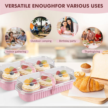30 Pack Mini Loaf Cake Pan with Lids and Spoons, 6.8oz Small Disposable Aluminum Cake Tin Foil Pans, Rectangular Mini Loaf Bread Pans with Lids for Baking,Party,Picnics,Holidays (Pink)