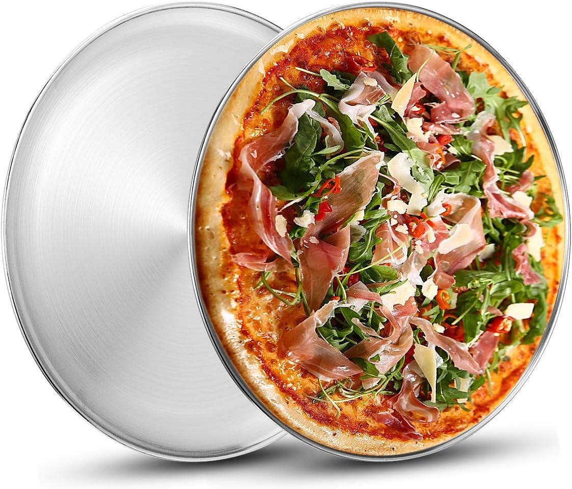 Deedro Stainless Steel Pizza Pan 13½ Inch, Round Pizza Oven Tray, 2 Pack