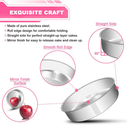 EWFEN 8 Inch Cake Pan Set of 2, Stainless Steel Round Layer Cake Baking Pans Tins, Non-Toxic & Healthy, Leak-proof & Easy Clean & Dishwasher Safe
