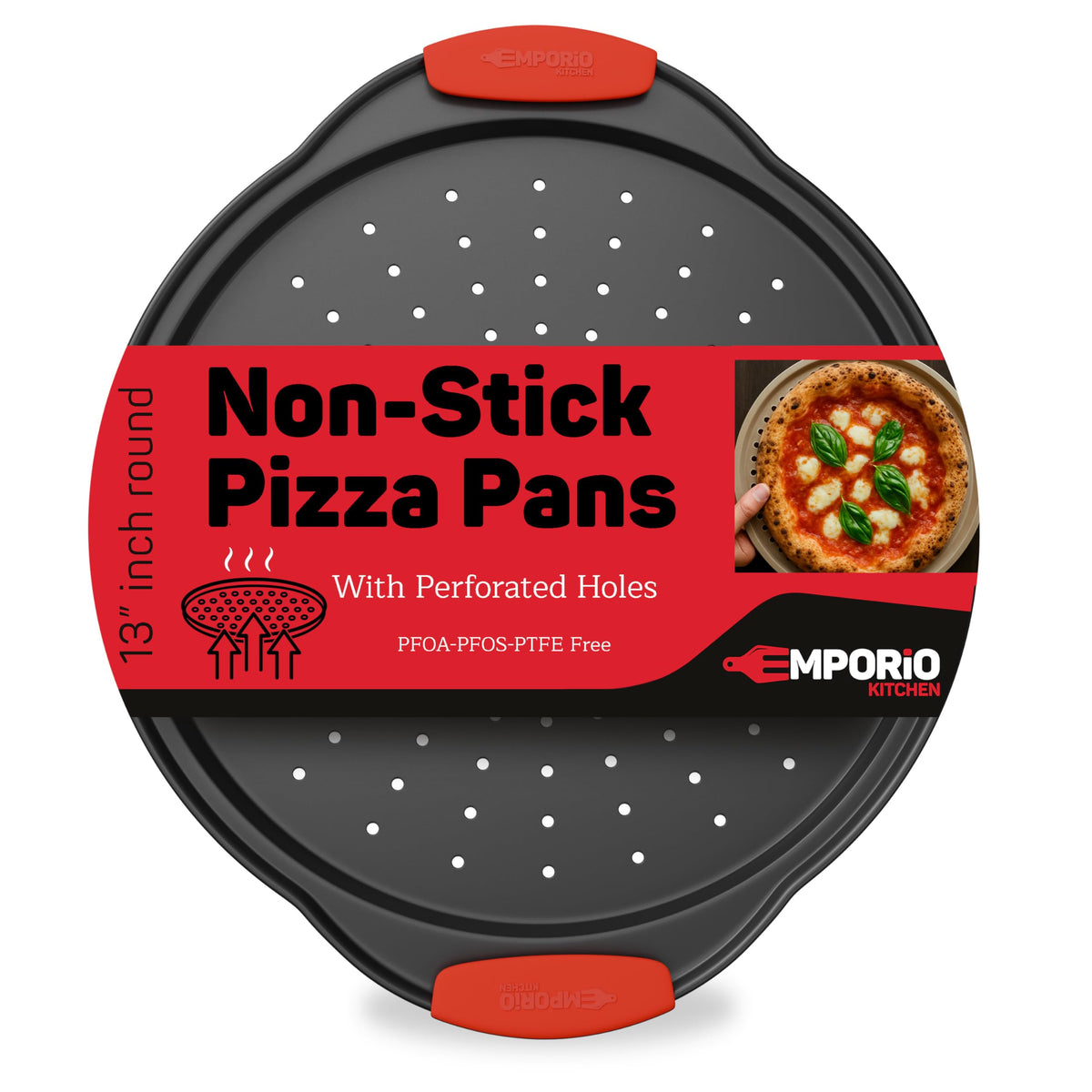 Non-Stick Pizza Pan with Silicone Handle 1 Pack, 13 Inch Round Carbon Steel Tray with Perforated Holes, Dishwasher & Oven Safe Up To 450°F, PFOAPFOSPTFE Free, Durable Nonstick Gray Marble Coating