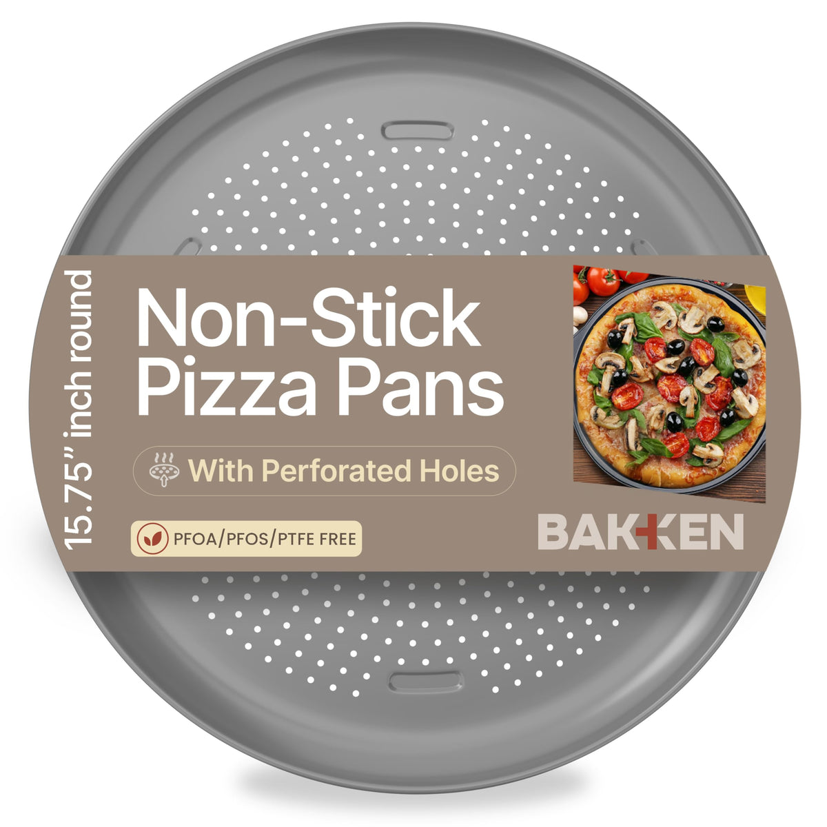 Bakken 16 Inch Non-Stick Pizza Pan 2 Pack, Round Carbon Steel Pizza Tray with Perforated Holes, PFOA, PFOS, & PTFE-Free, Dishwasher & Oven Safe Up To 450°F, Durable Nonstick Coating, Silver