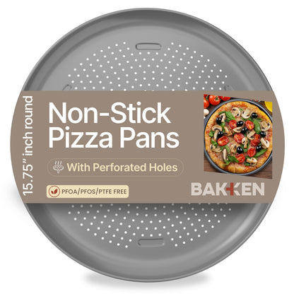 Bakken 16 Inch Non-Stick Pizza Pan 2 Pack, Round Carbon Steel Pizza Tray with Perforated Holes, PFOA, PFOS, & PTFE-Free, Dishwasher & Oven Safe Up To 450°F, Durable Nonstick Coating, Silver