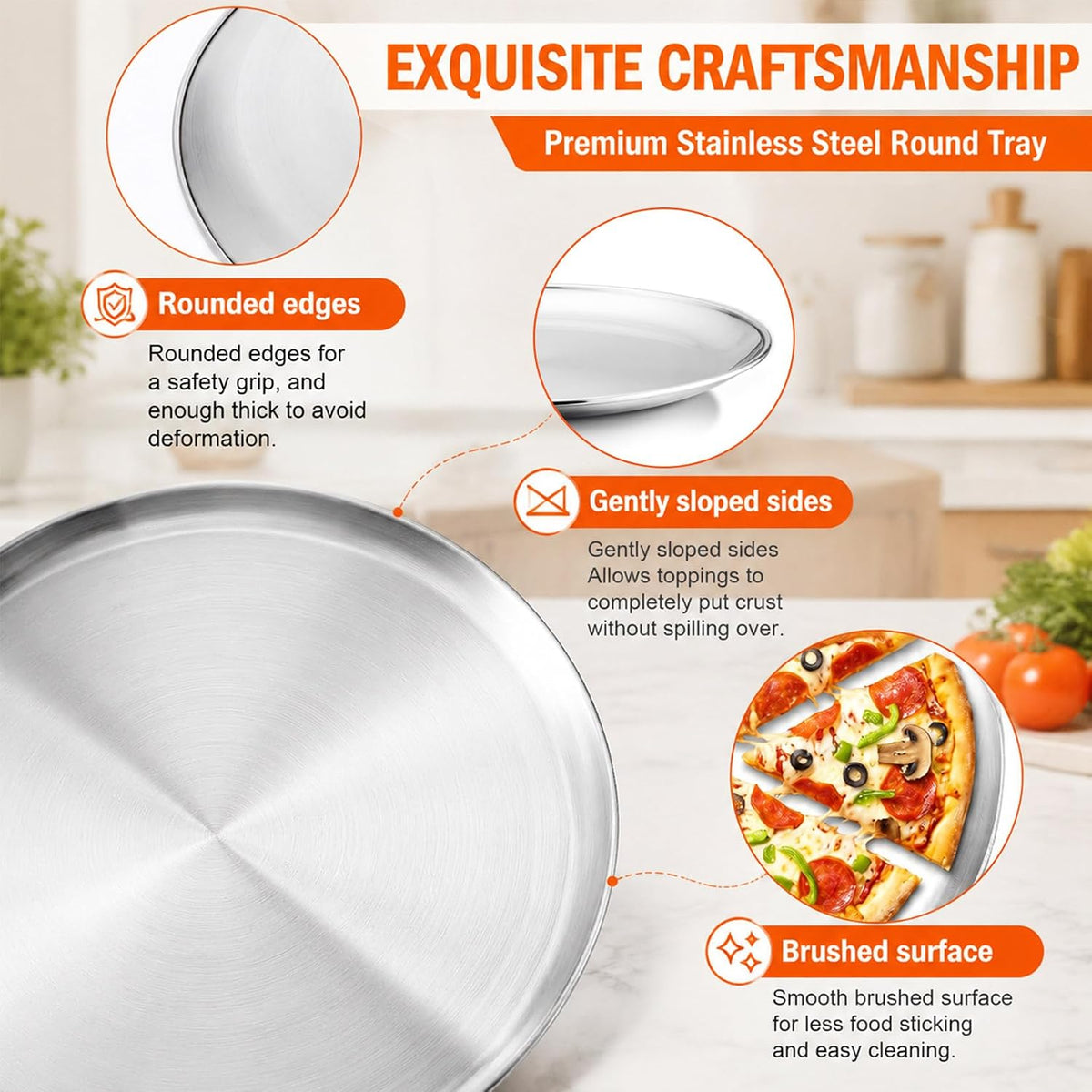 P&P CHEF 15.75 In Stainless Steel Pizza Pan, Set of 2, For Baking & Serving