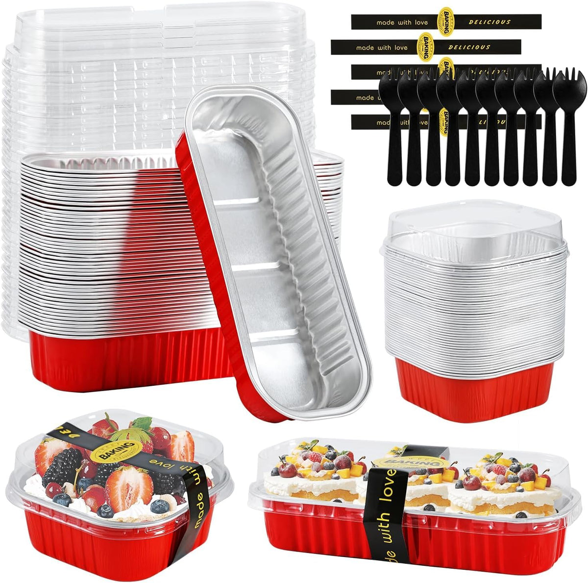 120 Pcs Mixed Color Mini Loaf Pans with Lids and Spoons, 6.8oz Aluminum Foil Baking Pans Versatile for Mini Cake Tins/Loaf Cakes Sturdy Mini Pans with Lids for Baking (120, mixed)