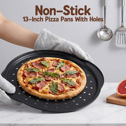 Kifmurase 2 Pack Pizza Pan for Oven, 13 Inch Round Pizza Pans with Holes, Non-Stick Carbon Steel Pizza Baking Pan with Silicone Handle, Perforated Pizza Pan with Pizza Cutter, Oven & Dishwasher Safe