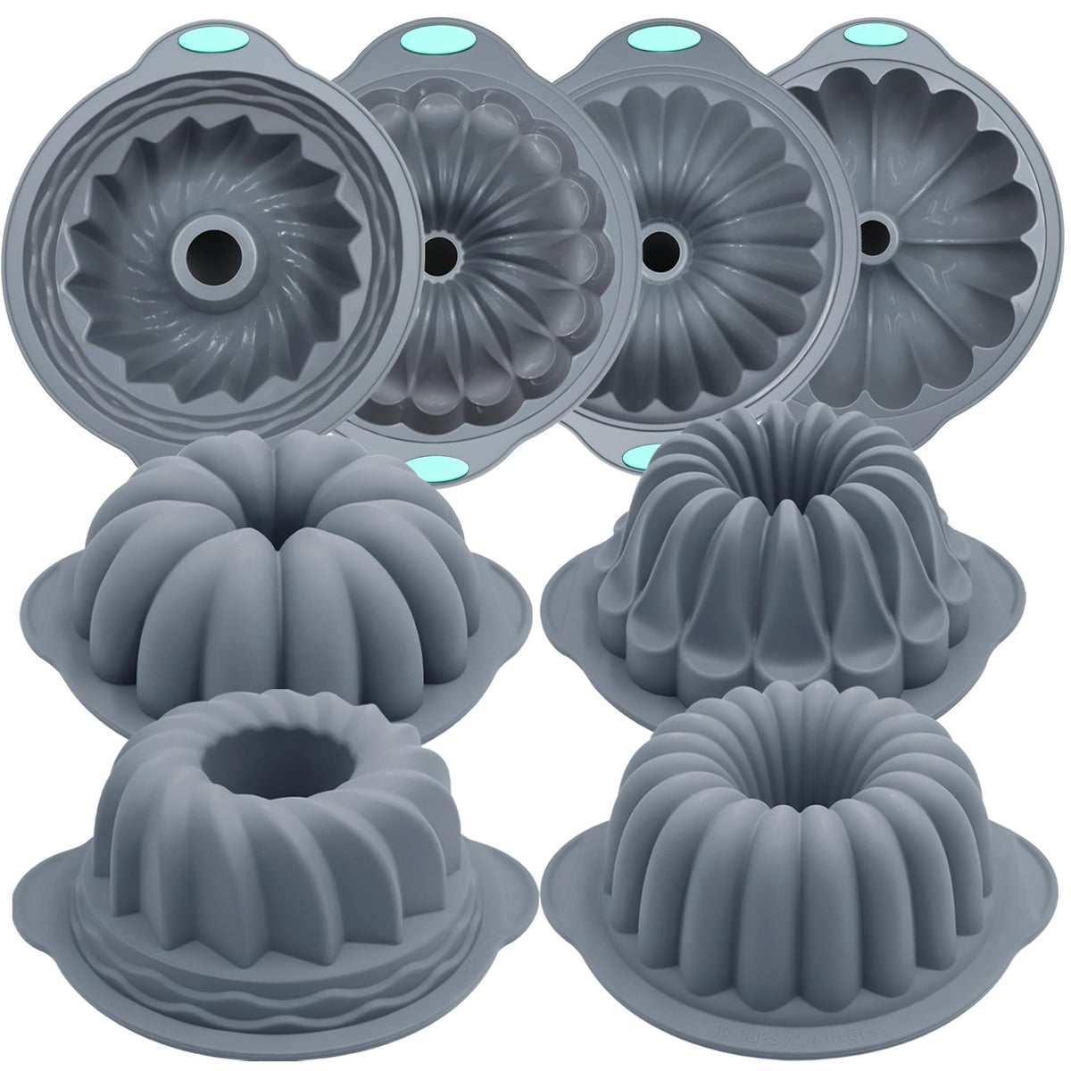 Tongjude 4 Pieces Silicone Fluted Cake Pans, 9/10/12 Cups Tube Baking Pan, Silicone Molds for Homemade Cake, Bread and Jello, Non-Stick, Grey