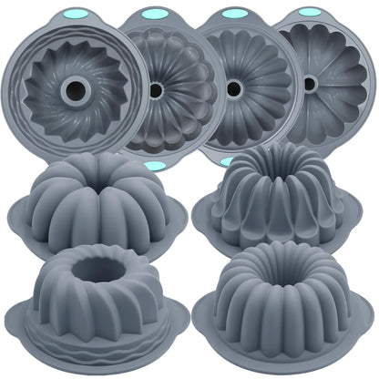 Tongjude 4 Pieces Silicone Fluted Cake Pans, 9/10/12 Cups Tube Baking Pan, Silicone Molds for Homemade Cake, Bread and Jello, Non-Stick, Grey