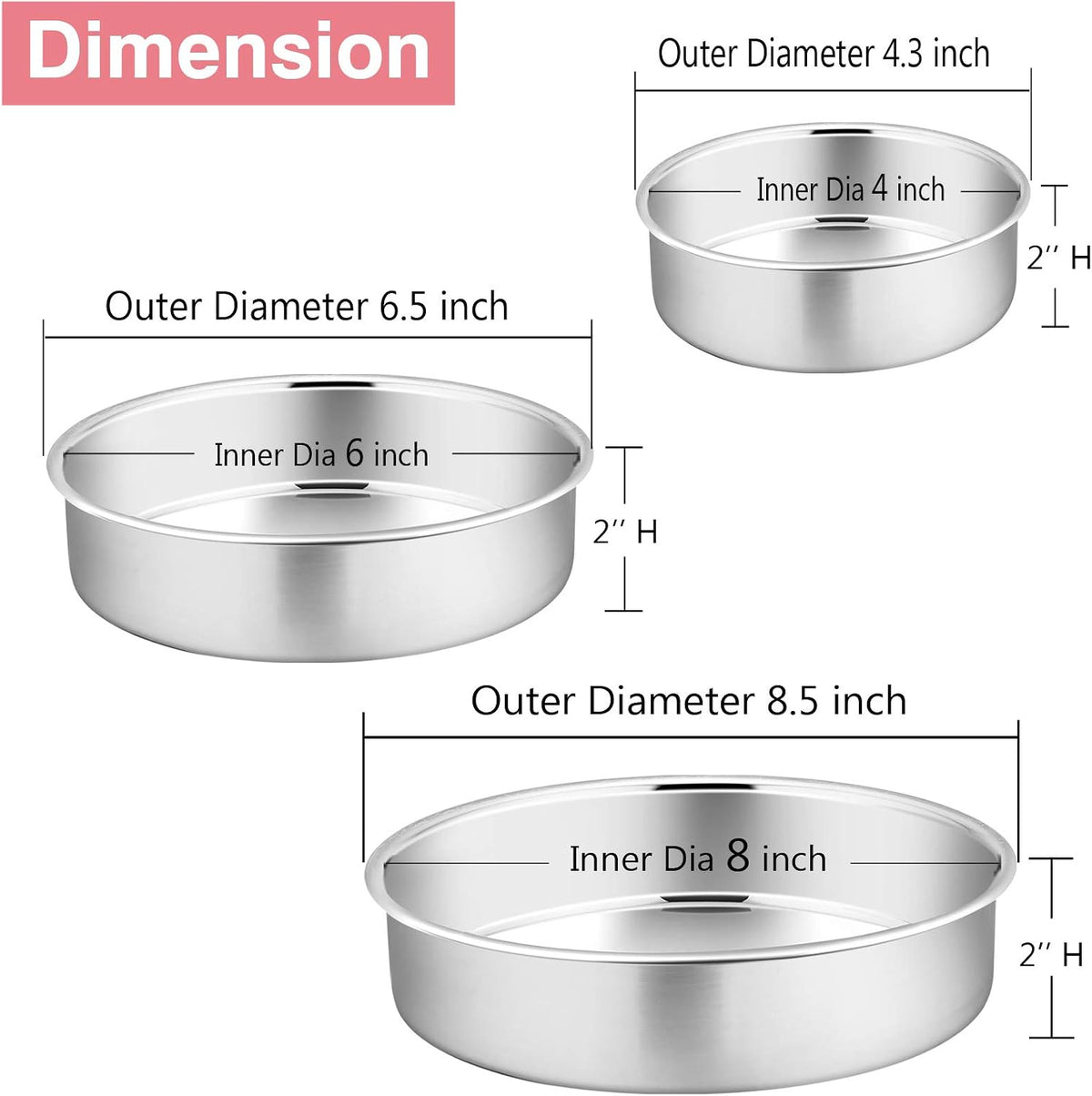 P&P CHEF Cake Pan Set of 3, 4" + 6" + 8" Round Baking Layer Cake Pan Tin