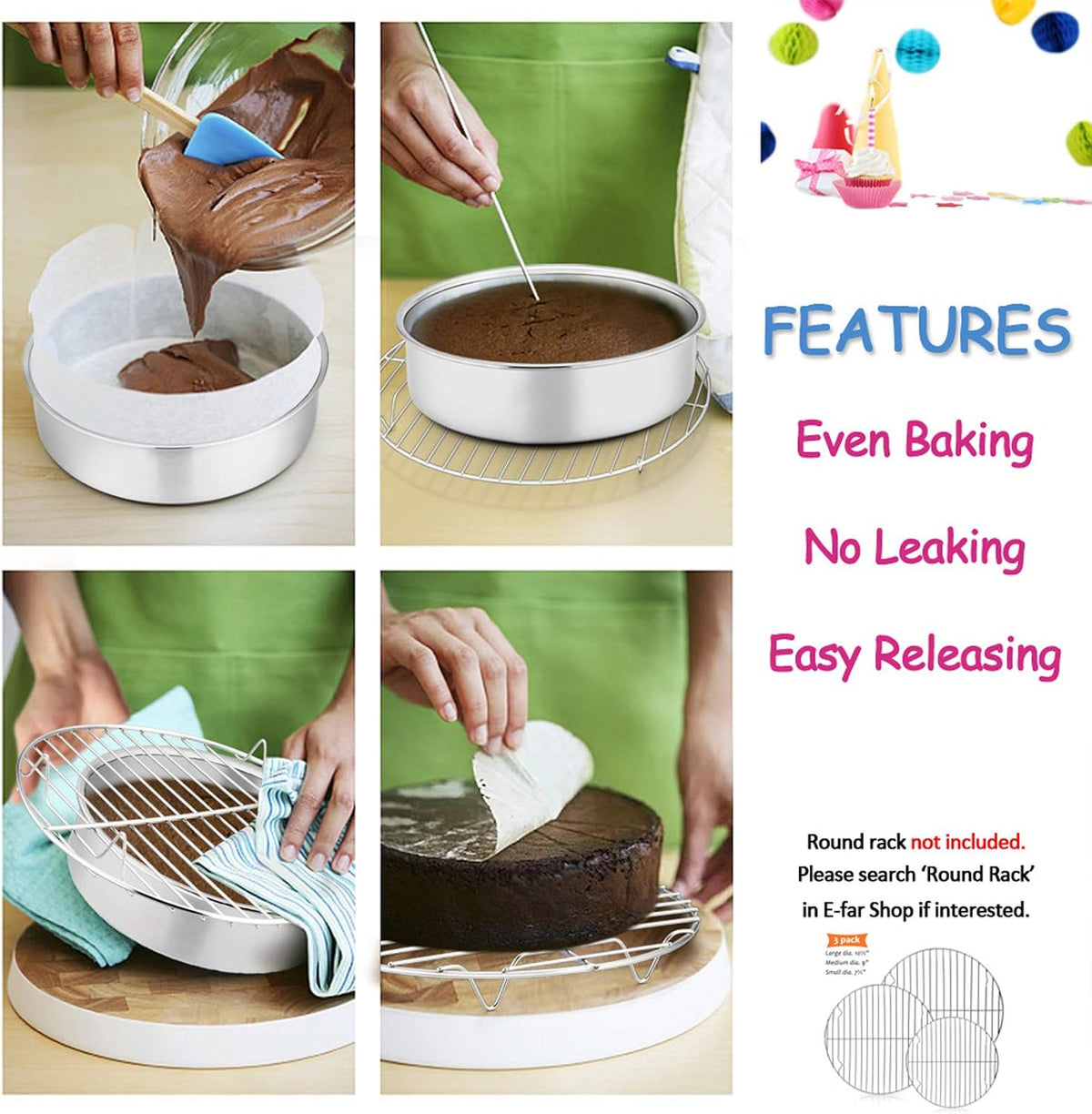 E-far 6 Inch Cake Pan Set of 3, Stainless Steel Round Smash Cake Baking Pans Tins, Non-Toxic & Healthy, Mirror Finish & Dishwasher Safe