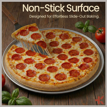 Bakken 16 Inch Non-Stick Pizza Pan 2 Pack, Round Carbon Steel Pizza Tray with Perforated Holes, PFOA, PFOS, & PTFE-Free, Dishwasher & Oven Safe Up To 450°F, Durable Nonstick Coating, Silver
