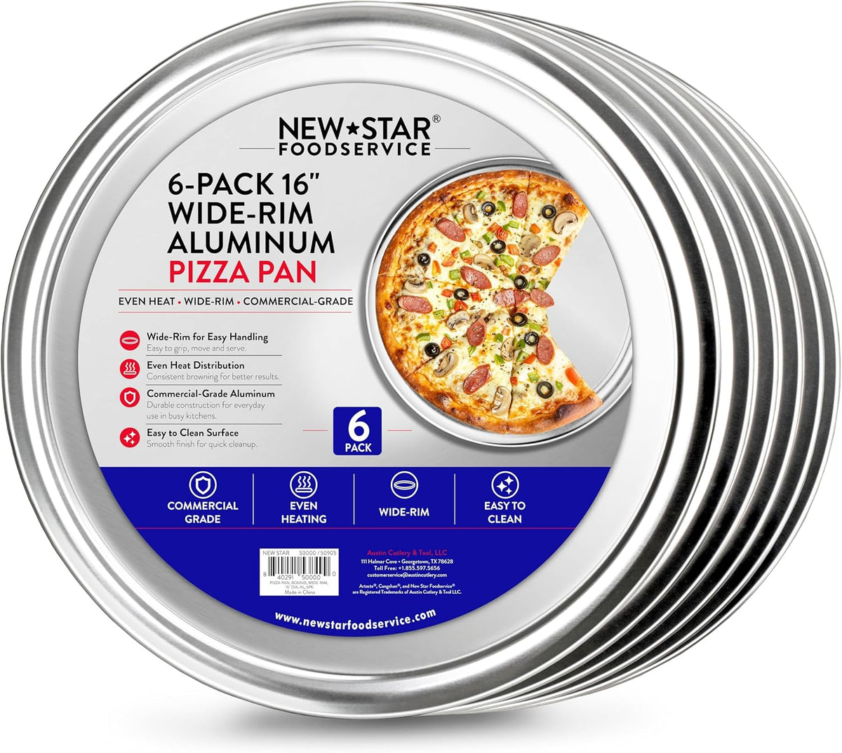 New Star Foodservice Restaurant-Grade Aluminum Pizza Pan/Tray with Wide Rim, 16 Inch, Pack of 6