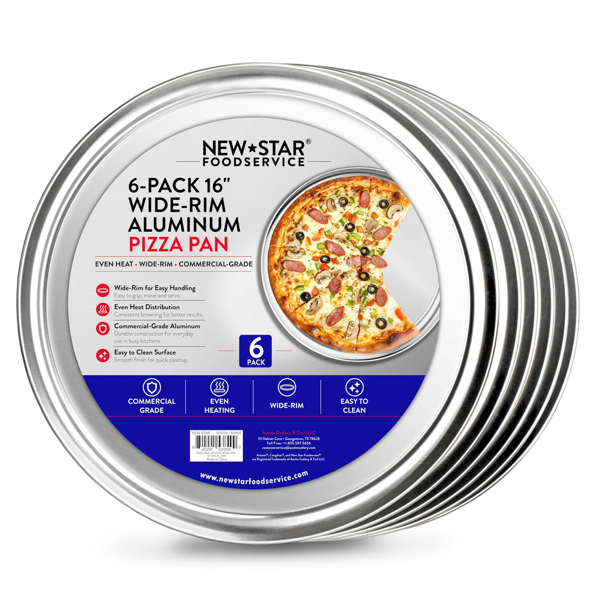 New Star Foodservice Restaurant-Grade Aluminum Pizza Pan/Tray with Wide Rim, 16 Inch, Pack of 6