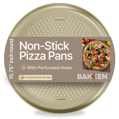Bakken 16 Inch Non-Stick Pizza Pan 2 Pack, Round Carbon Steel Pizza Tray with Perforated Holes, PFOA, PFOS, & PTFE-Free, Dishwasher & Oven Safe Up To 450°F, Durable Nonstick Coating, Silver