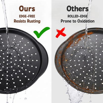 Kifmurase 2 Pack Pizza Pan for Oven, 13 Inch Round Pizza Pans with Holes, Non-Stick Carbon Steel Pizza Baking Pan with Silicone Handle, Perforated Pizza Pan with Pizza Cutter, Oven & Dishwasher Safe