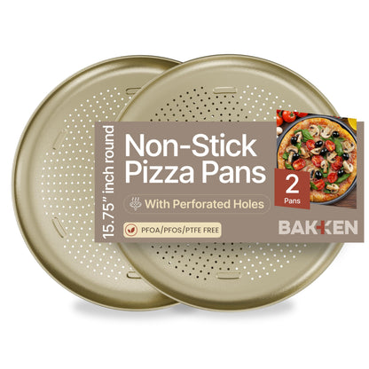 Bakken 16 Inch Non-Stick Pizza Pan 2 Pack, Round Carbon Steel Pizza Tray with Perforated Holes, PFOA, PFOS, & PTFE-Free, Dishwasher & Oven Safe Up To 450°F, Durable Nonstick Coating, Silver