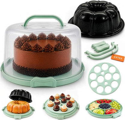 10in Buntz Cake Pan Non Stick & 12in Cake Carrier w/Lid-Handle,Mint Green