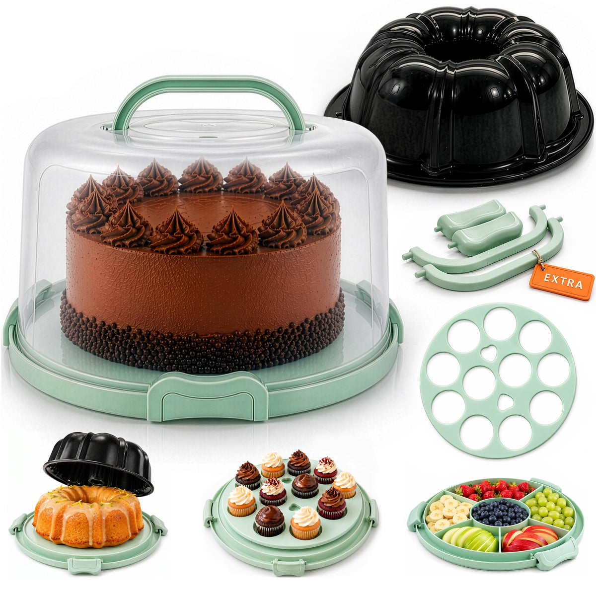 10in Buntz Cake Pan Non Stick & 12in Cake Carrier w/Lid-Handle,Mint Green
