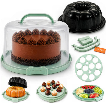 10in Buntz Cake Pan Non Stick & 12in Cake Carrier w/Lid-Handle,Mint Green