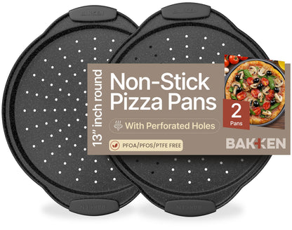 Bakken Pizza Baking Pan - Round Perforated Carbon Steel Pan with Non-Stick Marble Coating, Oversized Silicone Handle, Dishwasher Safe, High-Temperature Resistant, Durable & Easy Cleanup Gray, 1 Pack