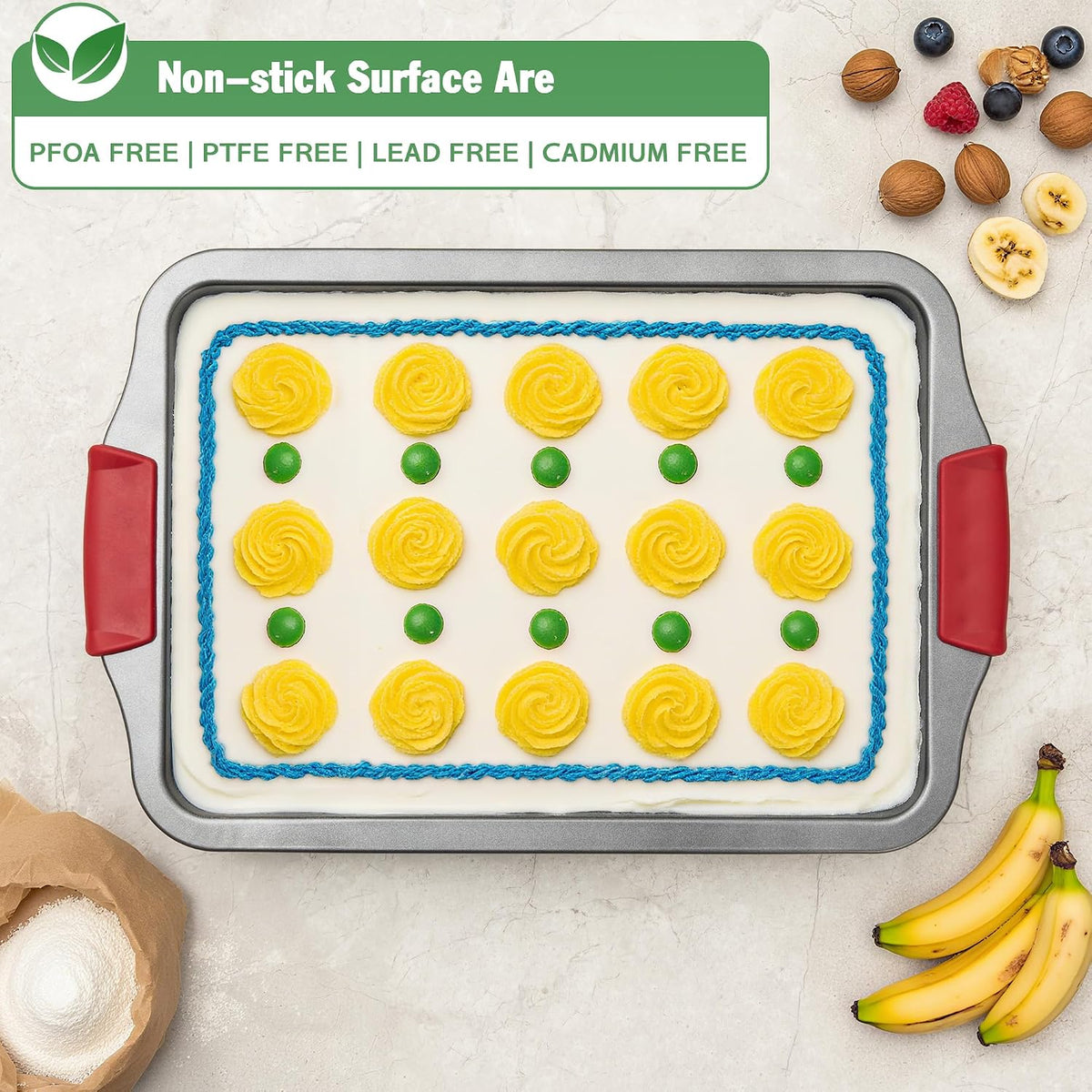 Tiawudi 13" x 9" Cake Pan, 0.8mm Thick Heavy Duty Baking Dish with Diamond Texture Pattern for Even Heating, Nonstick Baking Pan for Bread, Brownie or Lasagna, Cake Mold with Silicone Grip Handles