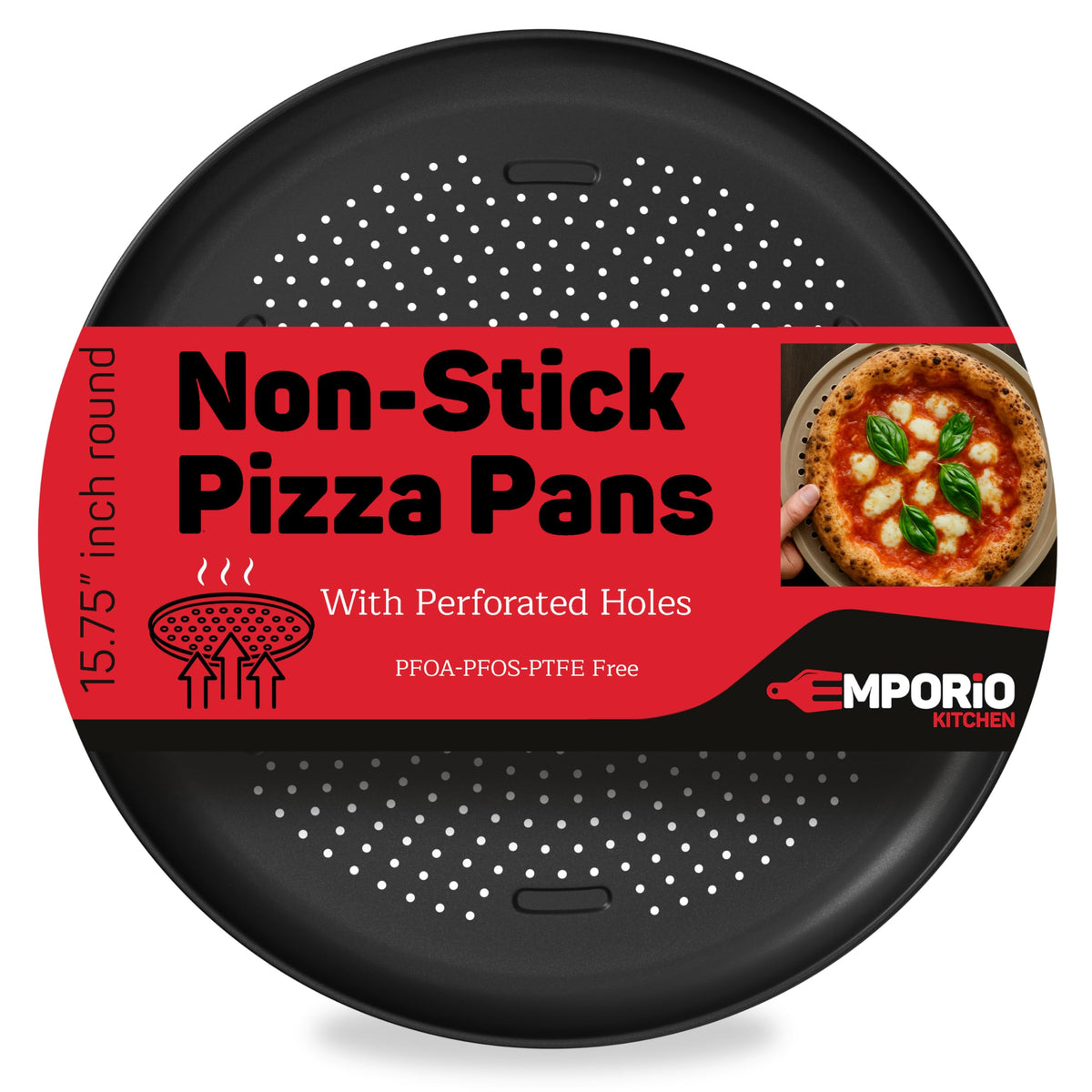 Emporio Kitchen Non-Stick Pizza Pan 1 Pack – 16 Inch Round Carbon Steel Pizza Tray with Perforated Holes, PFOAPFOSPTFE-Free, Dishwasher & Oven Safe Up To 450°F, Durable Nonstick Silver Coating