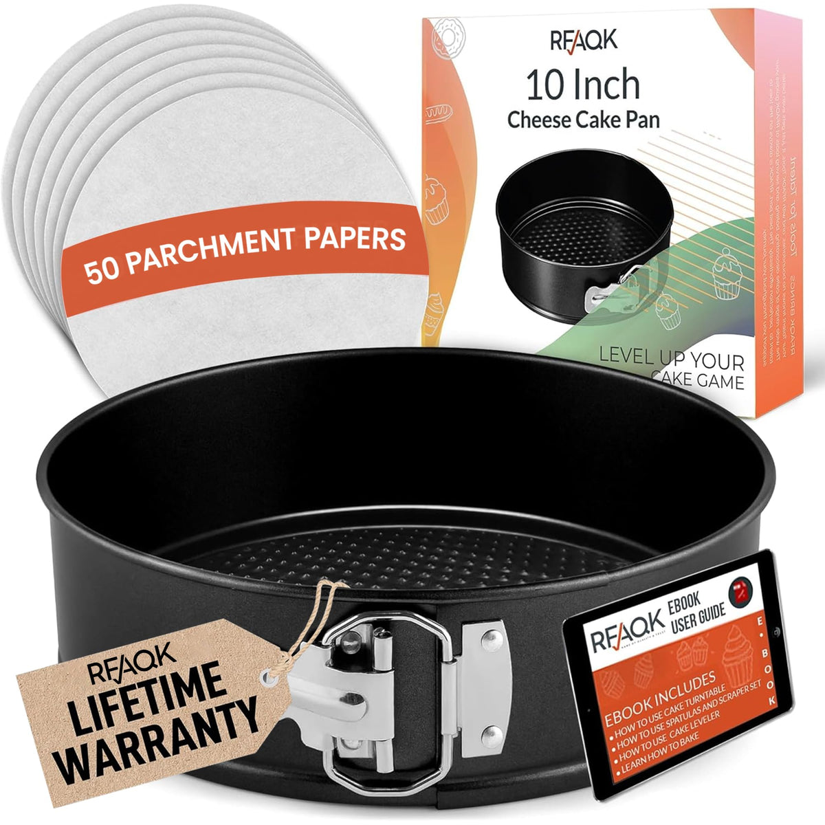 RFAQK 9 Inch Springform Pan Nonstick Leakproof - Spring Form Pan for Cheesecake with Removable Bottom, Include Spatula & 50pcs Parchment Paper, Recipe E-Book - Ideal for Baking Cakes, Pizzas, & More!