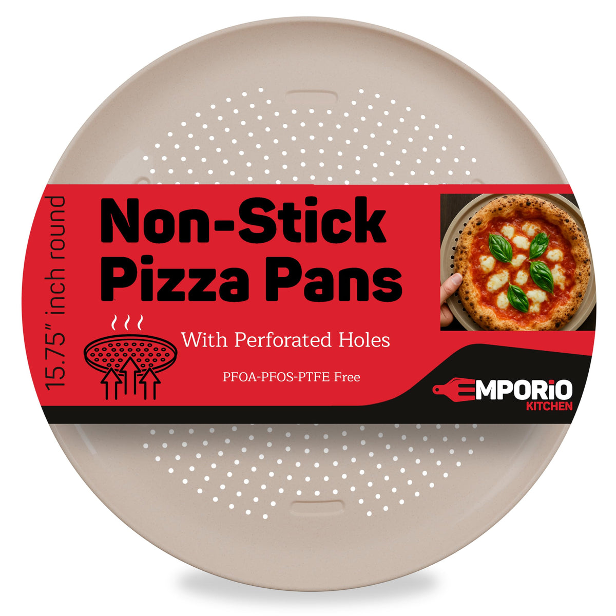Emporio Kitchen Non-Stick Pizza Pan 1 Pack – 16 Inch Round Carbon Steel Pizza Tray with Perforated Holes, PFOAPFOSPTFE-Free, Dishwasher & Oven Safe Up To 450°F, Durable Nonstick Silver Coating