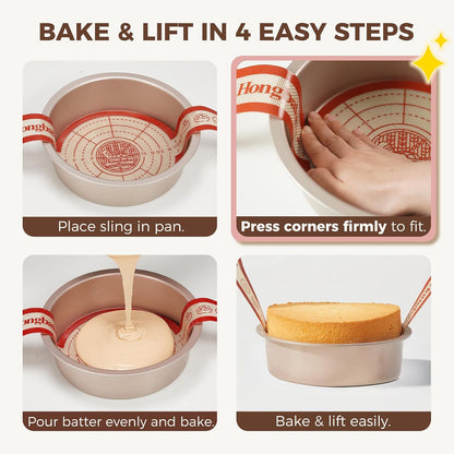 HONGBAKE 8 Inch Round Cake Pan Set for Baking with 2 Pcs Silicone Baking Sling Mats, Nonstick Circle Cake Pans Set of 2, 2.5" Deeper Layer Cake Tin for Oven, Cheesecake Mold, Huty Duty, Gold