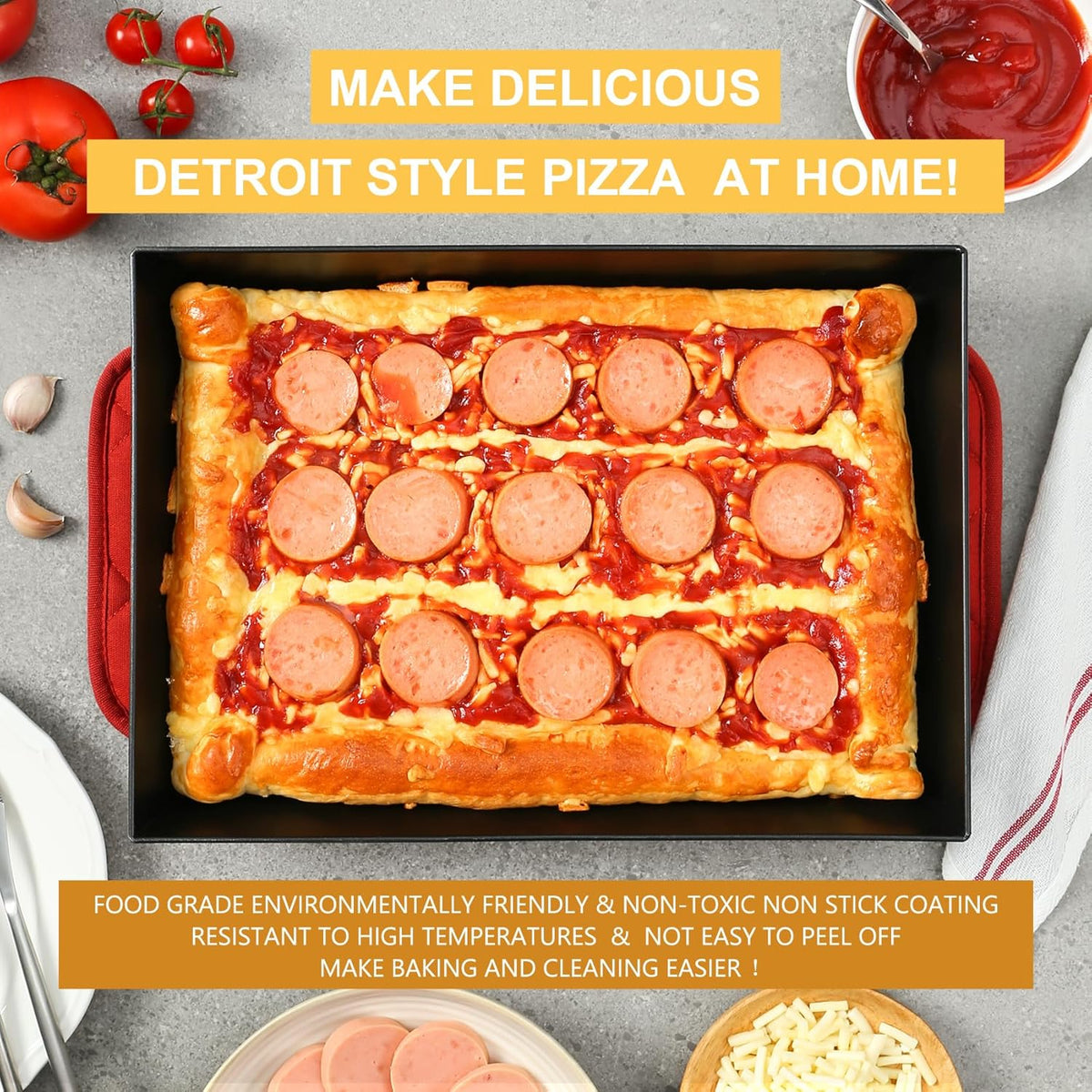 Detroit Style Pizza Pan 10x14x2.5 (Non-Stick, BPA & PFOA Free) Heat-Resistant Up to 500°F, Pre-Seasoned Authentic Hard Anodized Detroit Deep Dish Pizza Pan, Five-Year Free -Replacement