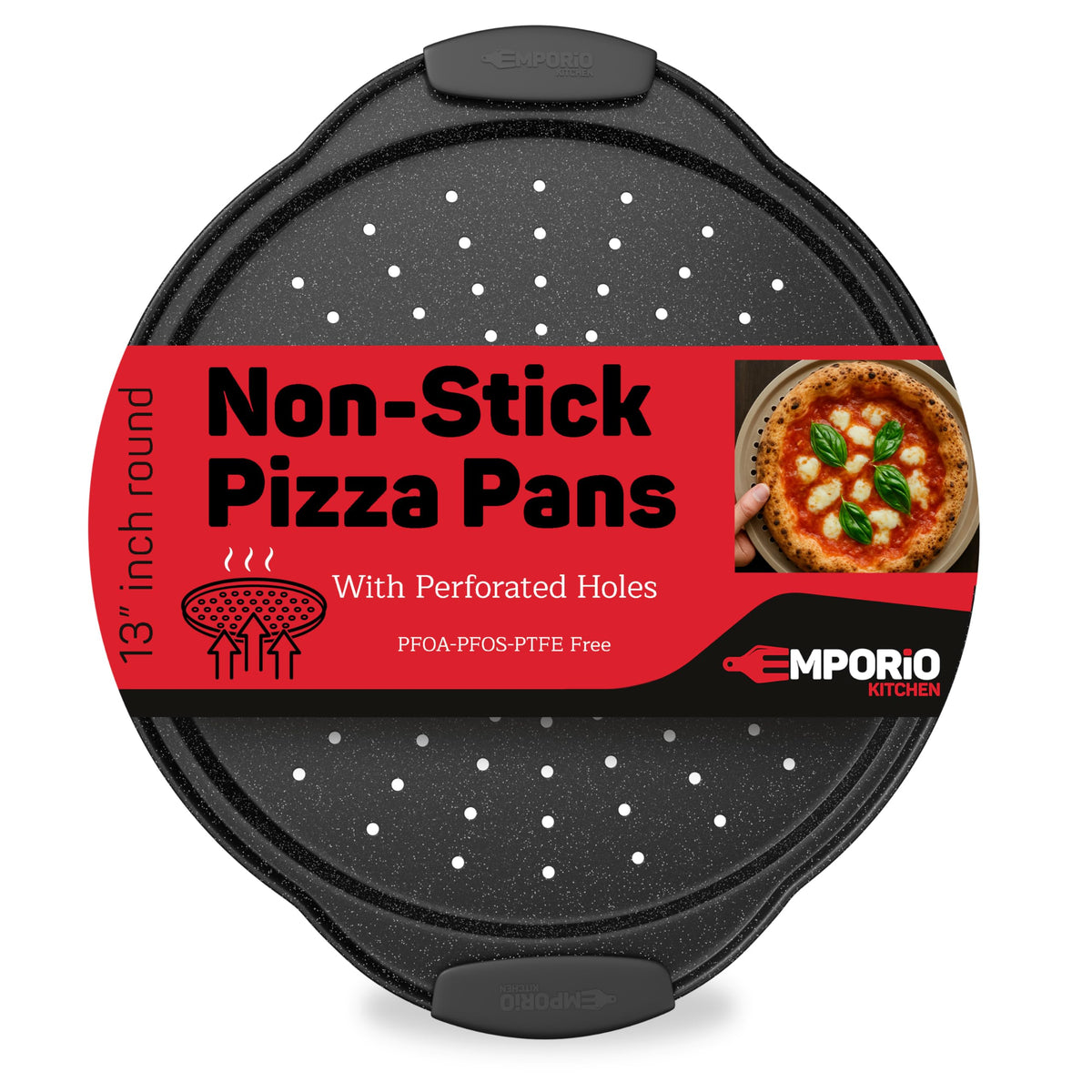 Non-Stick Pizza Pan with Silicone Handle 1 Pack, 13 Inch Round Carbon Steel Tray with Perforated Holes, Dishwasher & Oven Safe Up To 450°F, PFOAPFOSPTFE Free, Durable Nonstick Gray Marble Coating