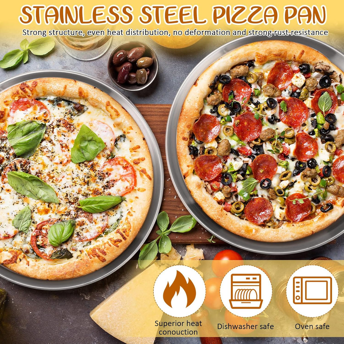 Teenyyou 7 Pcs Silver Pizza Pan Stand Set, Pizza Pans, Knives, Riser Stand