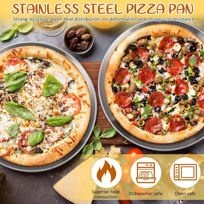 Teenyyou 7 Pcs Silver Pizza Pan Stand Set, Pizza Pans, Knives, Riser Stand