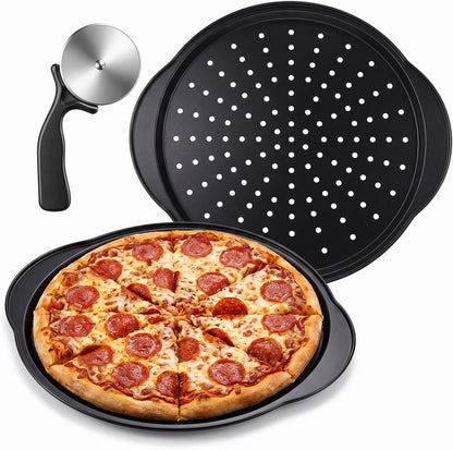 Kifmurase 2 Pack Pizza Pan for Oven, 13 Inch Round Pizza Pans with Holes, Non-Stick Carbon Steel Pizza Baking Pan with Silicone Handle, Perforated Pizza Pan with Pizza Cutter, Oven & Dishwasher Safe
