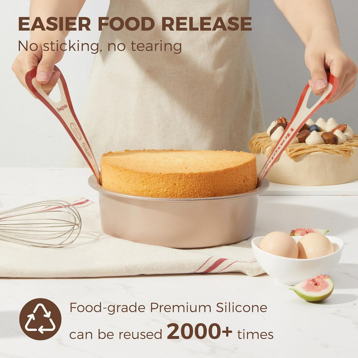 HONGBAKE 8 Inch Round Cake Pan Set for Baking with 2 Pcs Silicone Baking Sling Mats, Nonstick Circle Cake Pans Set of 2, 2.5" Deeper Layer Cake Tin for Oven, Cheesecake Mold, Huty Duty, Gold