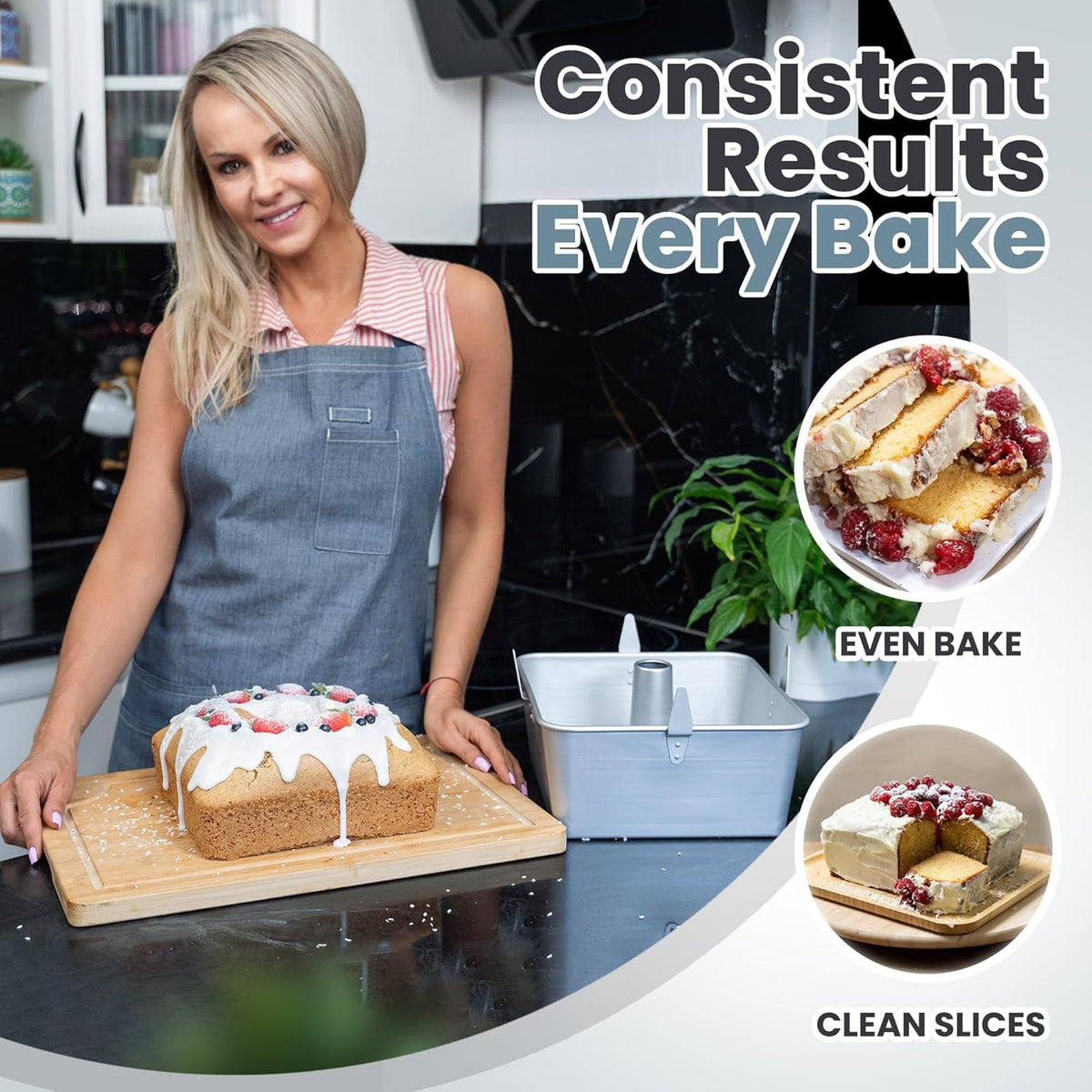 Square Tube Cake Pan, 18 Cup Recipes, 10 Inch Anodized Aluminum Angel Food, Chiffon & Pound Cake Pan, 2-piece system with Removable Bottom and Cooling Feet