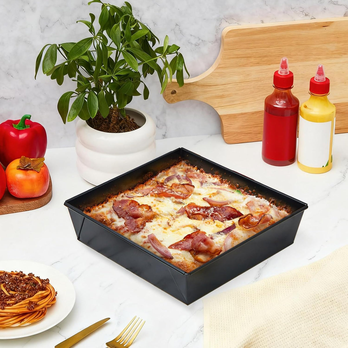3 Pcs Detroit Style Pizza Pan, 9.5 x 9.5 x 2.56 Inch, Black