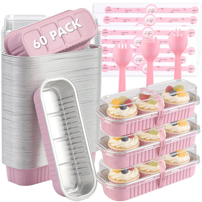 30 Pack Mini Loaf Cake Pan with Lids and Spoons, 6.8oz Small Disposable Aluminum Cake Tin Foil Pans, Rectangular Mini Loaf Bread Pans with Lids for Baking,Party,Picnics,Holidays (Pink)