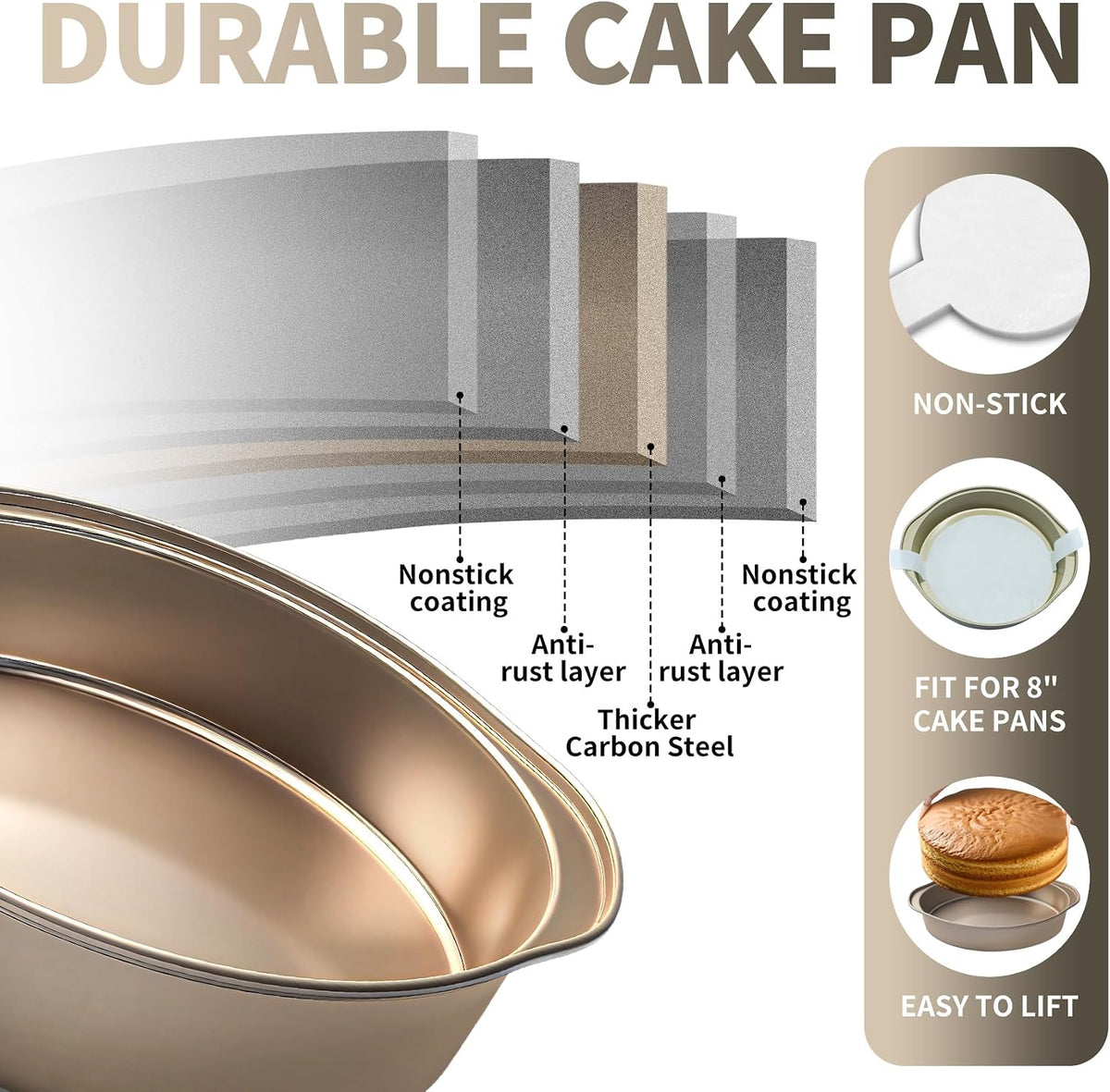 8 Inch Cake Pans, 3PCS Nonstick Round Baking Pans with 50PCS Parchment Papers, Durable Birthday Circle Cake Baking Pan with Handle for Multi-Layer Cakes, Dishwasher Safe (Gold, 8 inch)