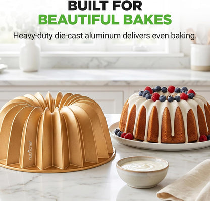 NutriChef Cake Pan - 10 Cups Die Cast Fluted Aluminum Cake Mold, Nonstick for Easy Release and Even Bake, Durable Design, Ideal for Desserts and Casseroles