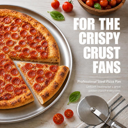 P&P CHEF 15.75 In Stainless Steel Pizza Pan, Set of 2, For Baking & Serving